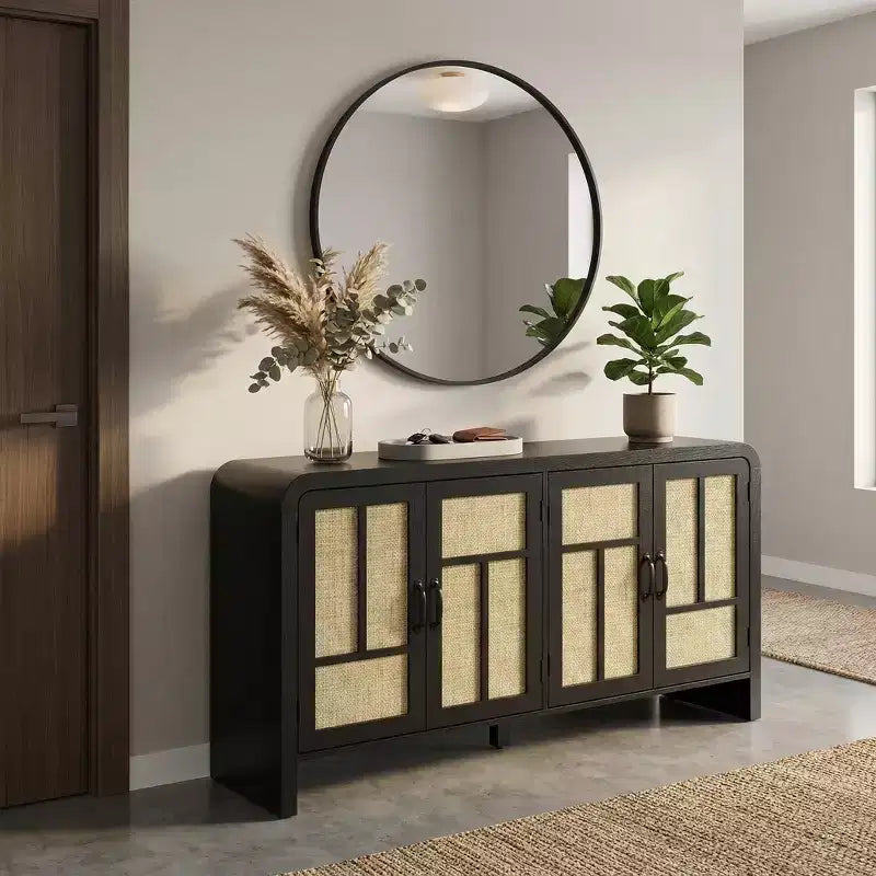 Meuble buffet avec portes en rotin, grand placard de rangement avec étagères pour salle à manger, salon, organisateur de rangement d'entrée
