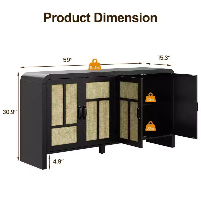 Meuble buffet avec portes en rotin, grand placard de rangement avec étagères pour salle à manger, salon, organisateur de rangement d'entrée