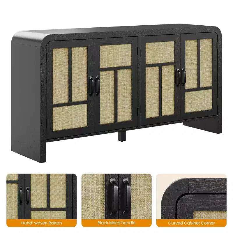 Meuble buffet avec portes en rotin, grand placard de rangement avec étagères pour salle à manger, salon, organisateur de rangement d'entrée