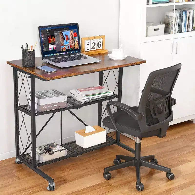Bureau d'ordinateur pliable 3 niveaux sans assemblage avec roues, étagère métallique autoportante - Table polyvalente pour bureau, cuisine, salon, balcon