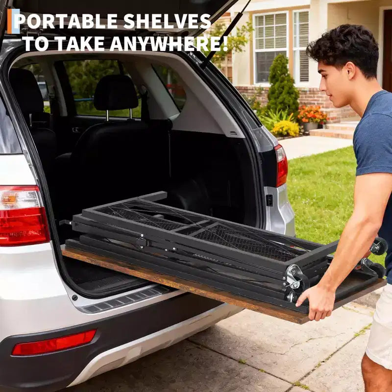 Bureau d'ordinateur pliable 3 niveaux sans assemblage avec roues, étagère métallique autoportante - Table polyvalente pour bureau, cuisine, salon, balcon