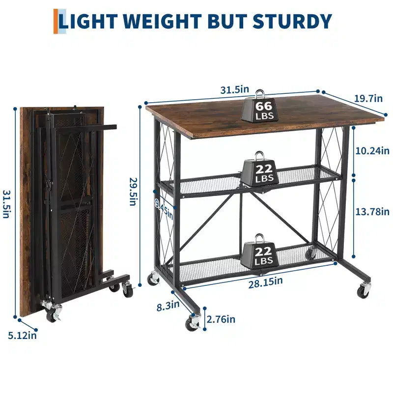 Bureau d'ordinateur pliable 3 niveaux sans assemblage avec roues, étagère métallique autoportante - Table polyvalente pour bureau, cuisine, salon, balcon