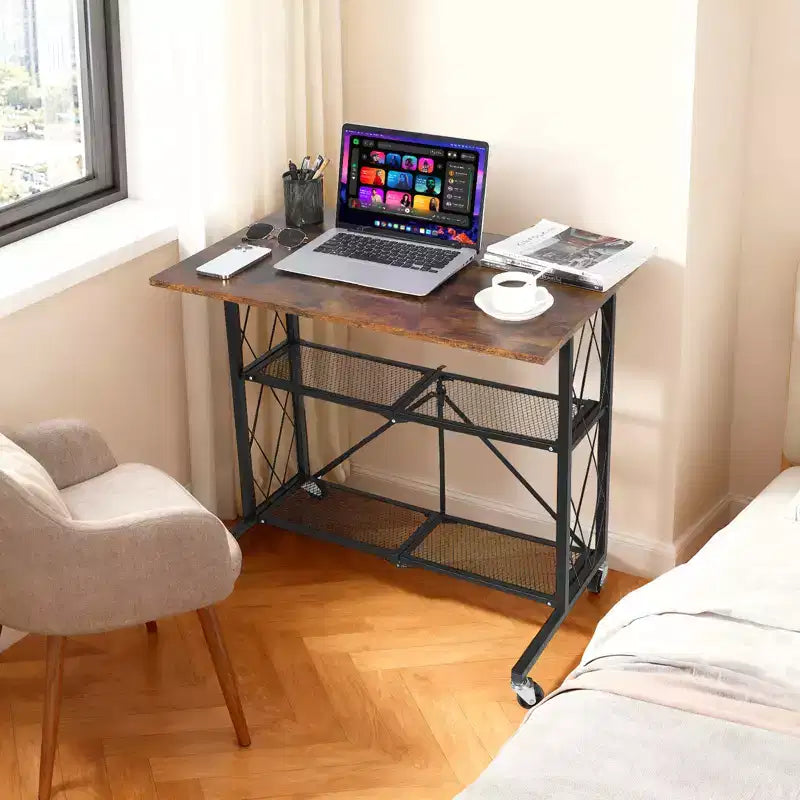 Bureau d'ordinateur pliable 3 niveaux sans assemblage avec roues, étagère métallique autoportante - Table polyvalente pour bureau, cuisine, salon, balcon