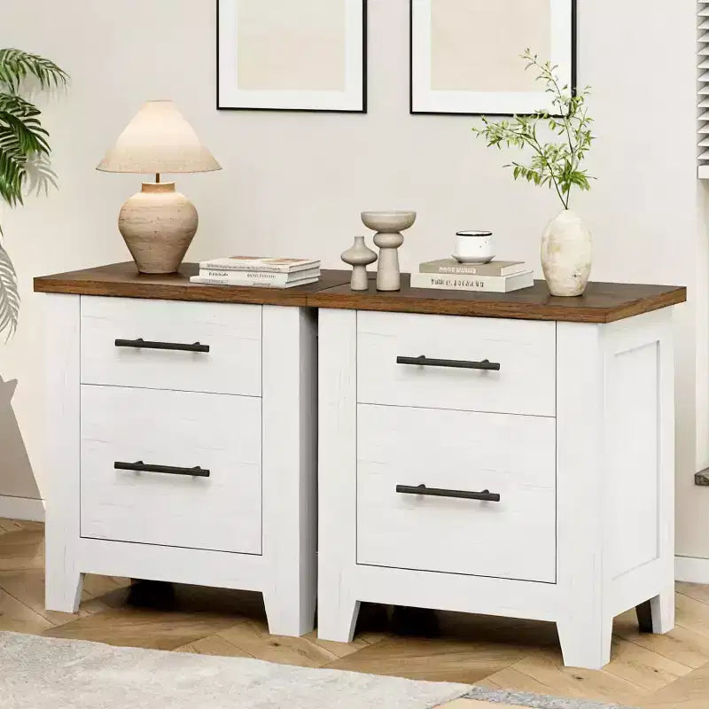 Table de chevet rustique à 2 tiroirs style ferme, table de chevet blanc vieilli avec plateau marron, table d'appoint en bois rustique pour chambre et canapé de salon