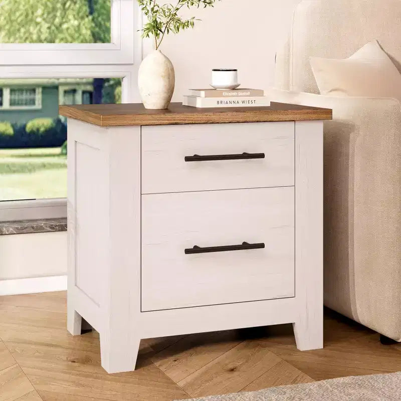 Table de chevet rustique à 2 tiroirs style ferme, table de chevet blanc vieilli avec plateau marron, table d'appoint en bois rustique pour chambre et canapé de salon