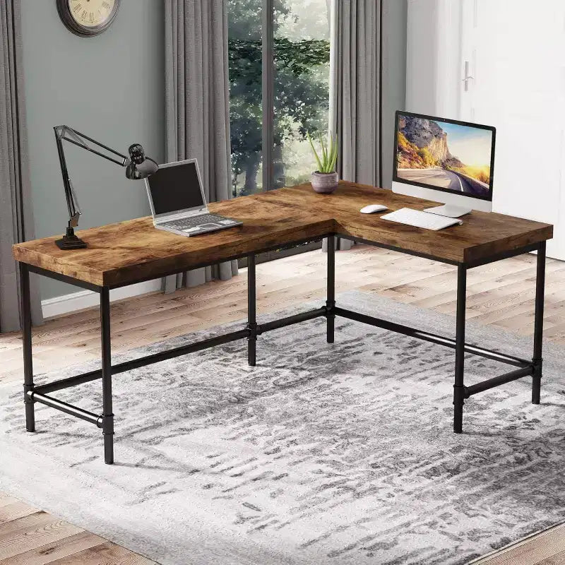 Bureau d'ordinateur réversible en L, brun rustique