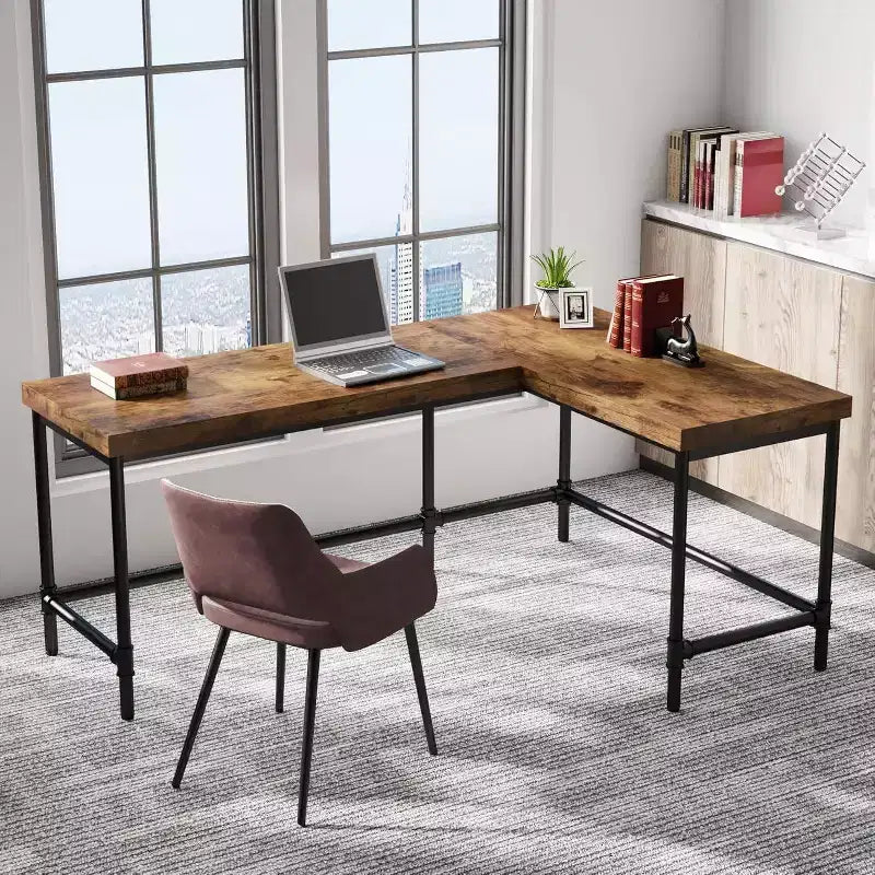 Bureau d'ordinateur réversible en L, brun rustique