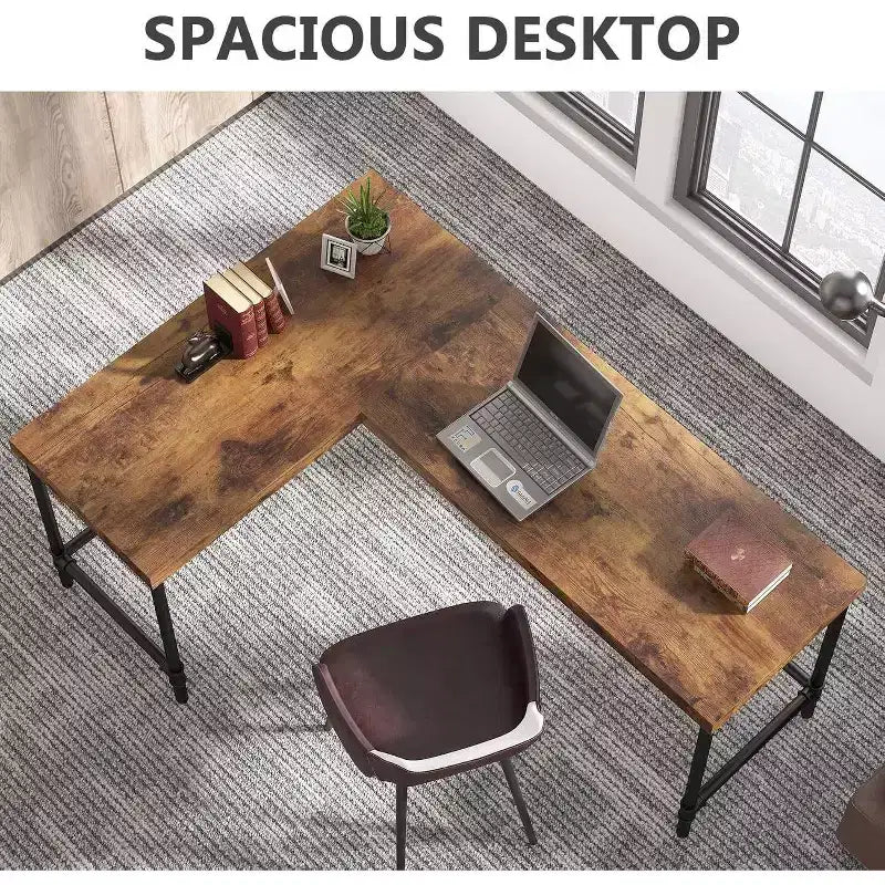 Bureau d'ordinateur réversible en L, brun rustique