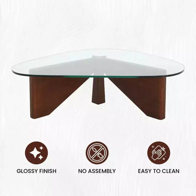 Table Basse Collection avec Plateau en Verre Triangulaire et Base en Frêne Brillant pour la Maison, le Salon, le Bureau