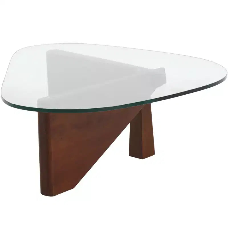 Table Basse Collection avec Plateau en Verre Triangulaire et Base en Frêne Brillant pour la Maison, le Salon, le Bureau