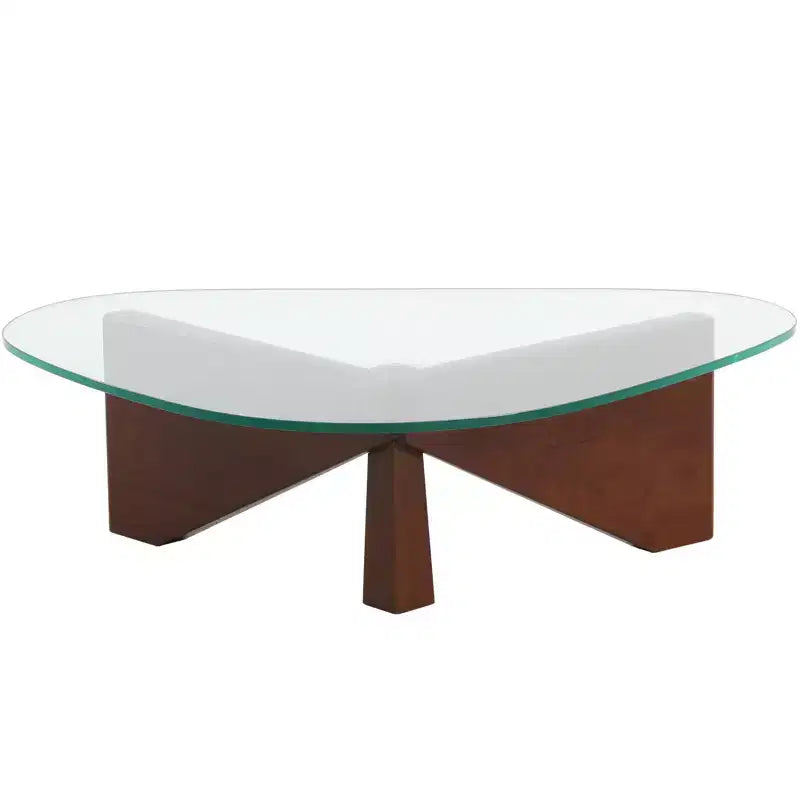 Table Basse Collection avec Plateau en Verre Triangulaire et Base en Frêne Brillant pour la Maison, le Salon, le Bureau