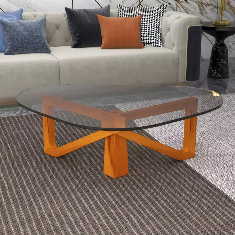Table Basse Collection avec Plateau en Verre Triangulaire et Base en Frêne Brillant pour la Maison, le Salon, le Bureau