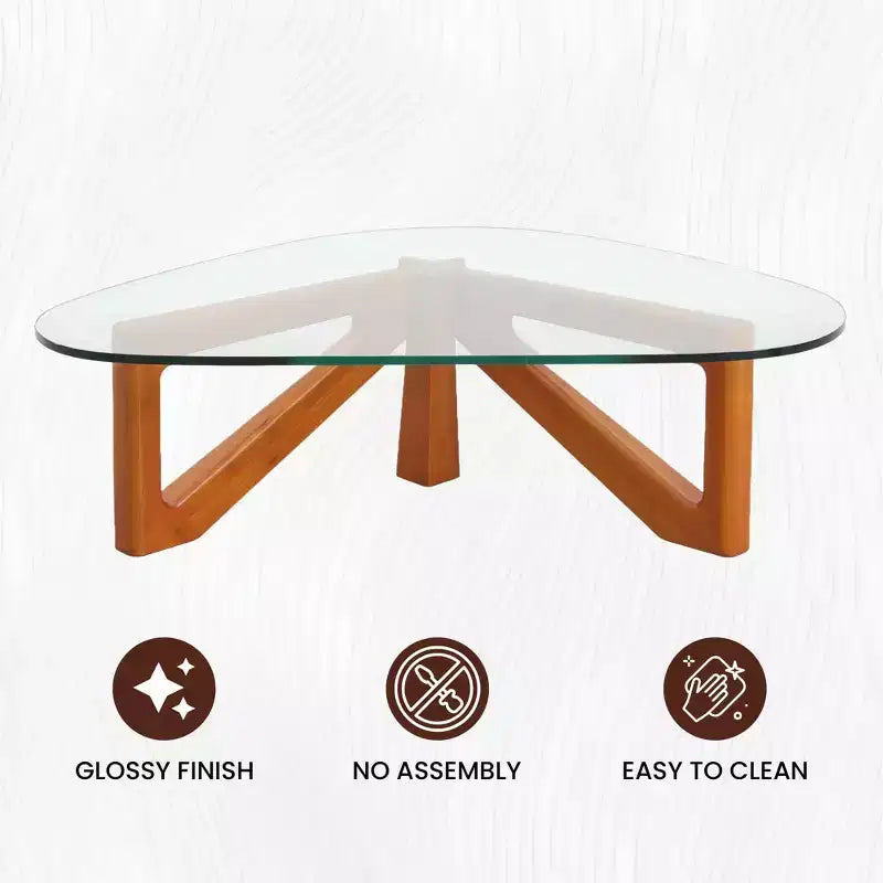 Table Basse Collection avec Plateau en Verre Triangulaire et Base en Frêne Brillant pour la Maison, le Salon, le Bureau