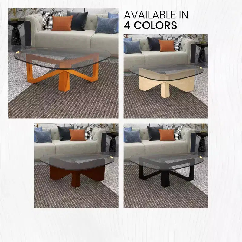 Table Basse Collection avec Plateau en Verre Triangulaire et Base en Frêne Brillant pour la Maison, le Salon, le Bureau