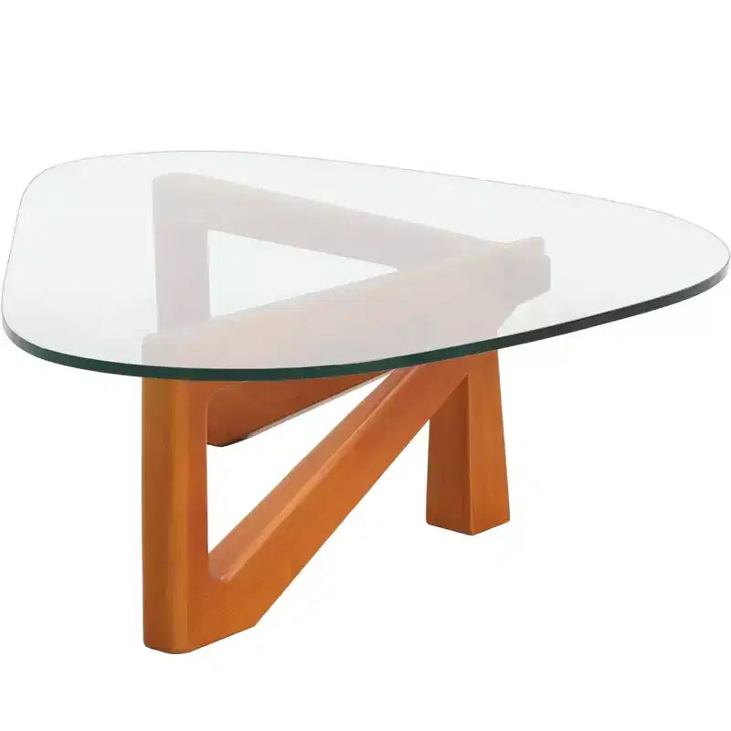Table Basse Collection avec Plateau en Verre Triangulaire et Base en Frêne Brillant pour la Maison, le Salon, le Bureau