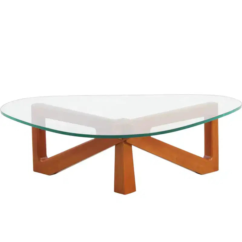 Table Basse Collection avec Plateau en Verre Triangulaire et Base en Frêne Brillant pour la Maison, le Salon, le Bureau