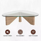 Table Basse Collection avec Plateau en Verre Triangulaire et Base en Frêne Brillant pour la Maison, le Salon, le Bureau