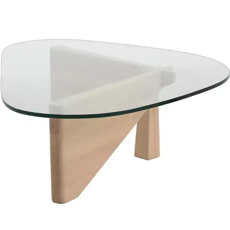 Table Basse Collection avec Plateau en Verre Triangulaire et Base en Frêne Brillant pour la Maison, le Salon, le Bureau