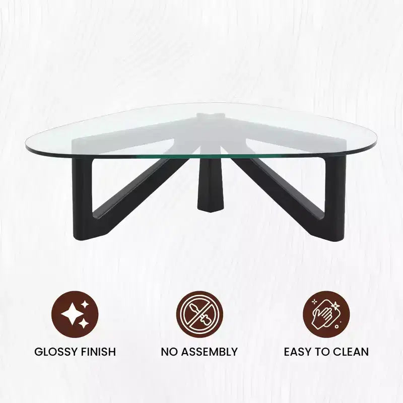 Table Basse Collection avec Plateau en Verre Triangulaire et Base en Frêne Brillant pour la Maison, le Salon, le Bureau