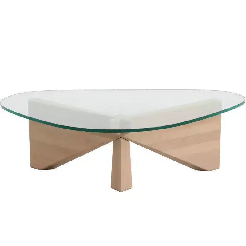 Table Basse Collection avec Plateau en Verre Triangulaire et Base en Frêne Brillant pour la Maison, le Salon, le Bureau