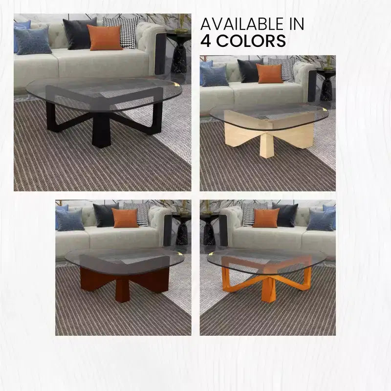 Table Basse Collection avec Plateau en Verre Triangulaire et Base en Frêne Brillant pour la Maison, le Salon, le Bureau
