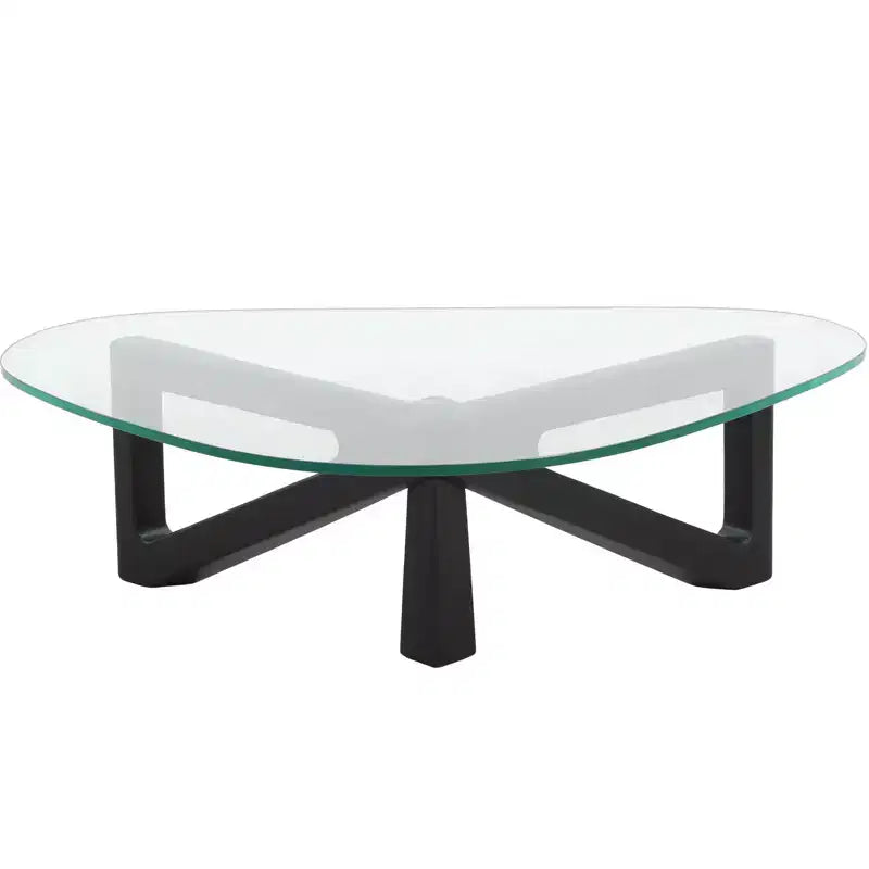 Table Basse Collection avec Plateau en Verre Triangulaire et Base en Frêne Brillant pour la Maison, le Salon, le Bureau