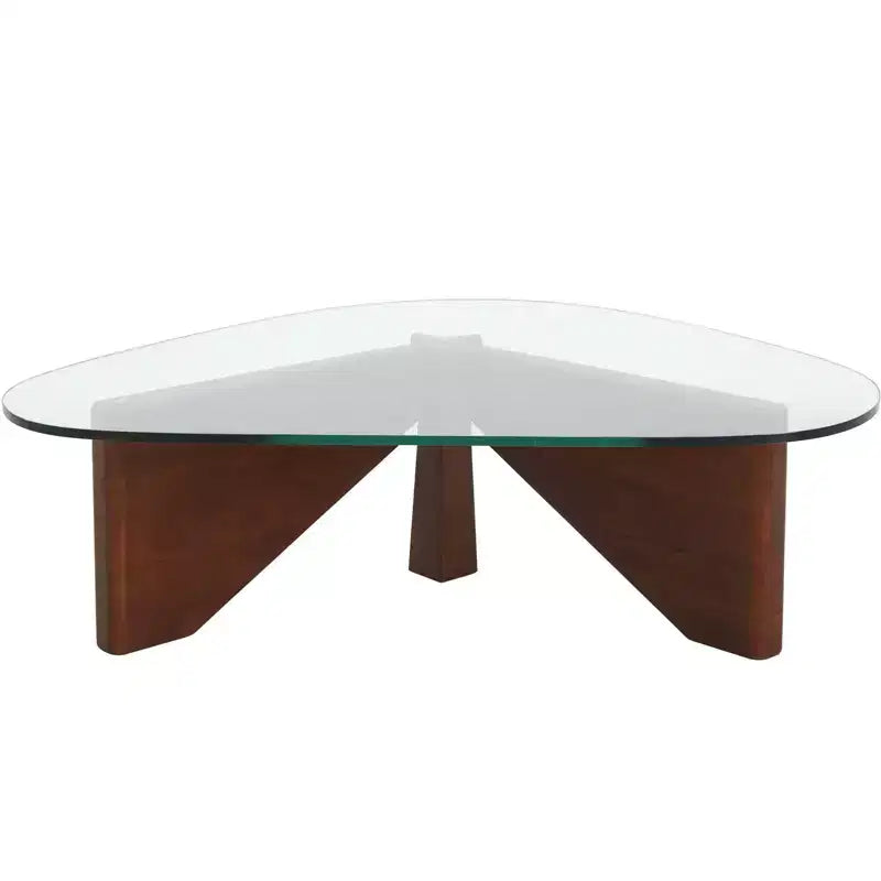 Table Basse Collection avec Plateau en Verre Triangulaire et Base en Frêne Brillant pour la Maison, le Salon, le Bureau
