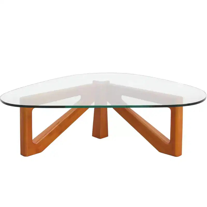 Table Basse Collection avec Plateau en Verre Triangulaire et Base en Frêne Brillant pour la Maison, le Salon, le Bureau